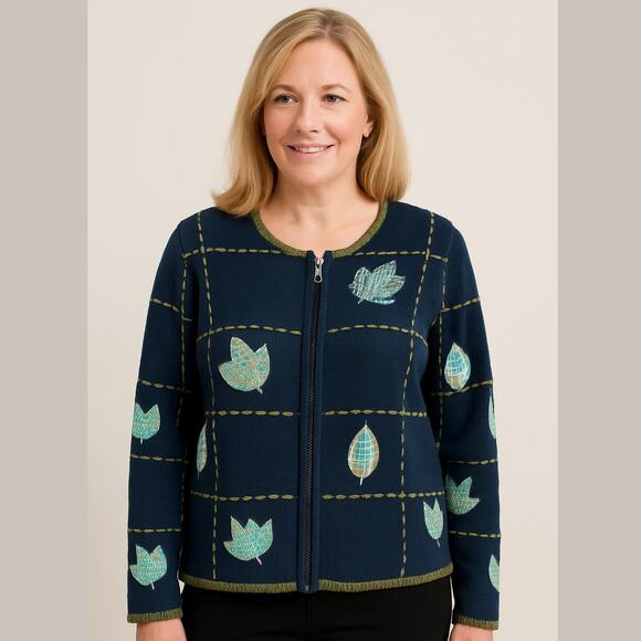 CHRISTOPHER & BANKS VTG Blue Green Patchwork Hand Embroidered Zip Cardigan Sz M - Picture 1 of 15